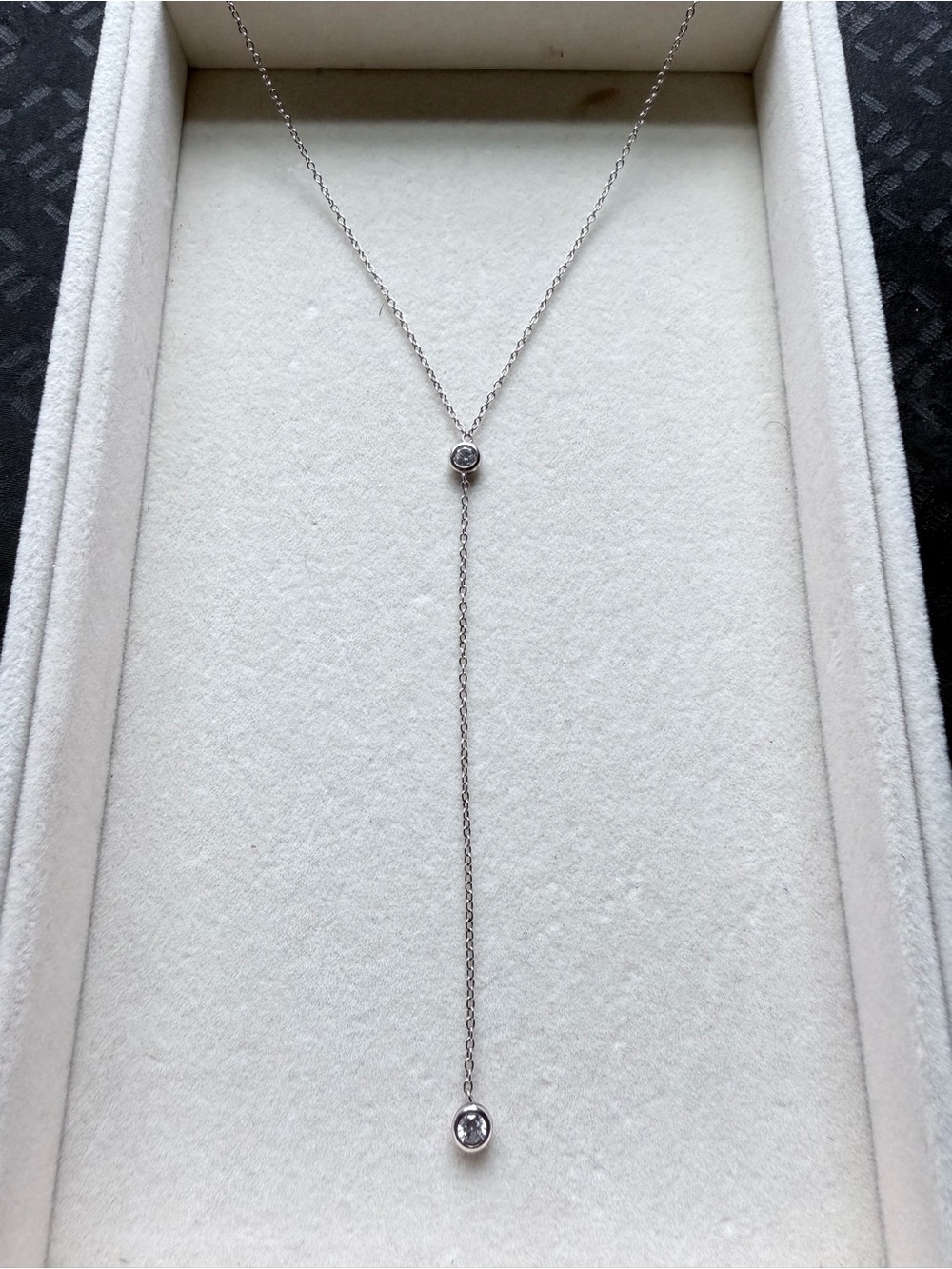 Sterling Silver Lariat Necklace with Clear Stones - Silver